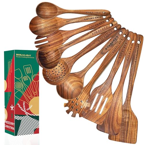Christmas Wooden Spoons for Cooking, 10 Pcs Natural Teak Kitchen Utensils Set S557967