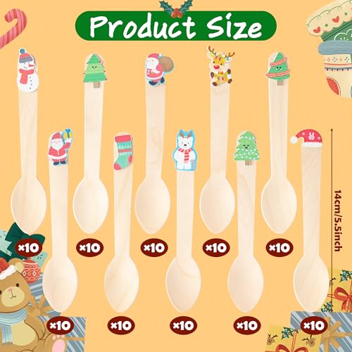 Christmas Wooden Spoons 100 Pack Disposable with Snowman Tree Tags U995
