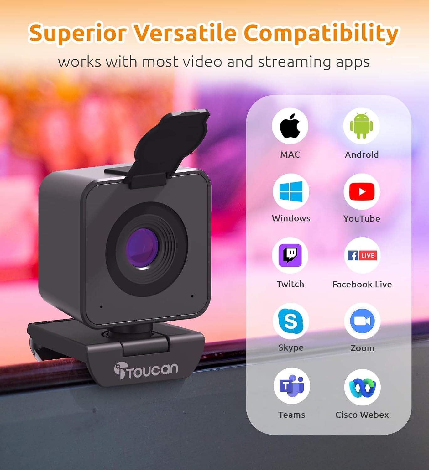 Webcam with Microphone, Stereo Audio, 115° View, USB Plug and Play A654