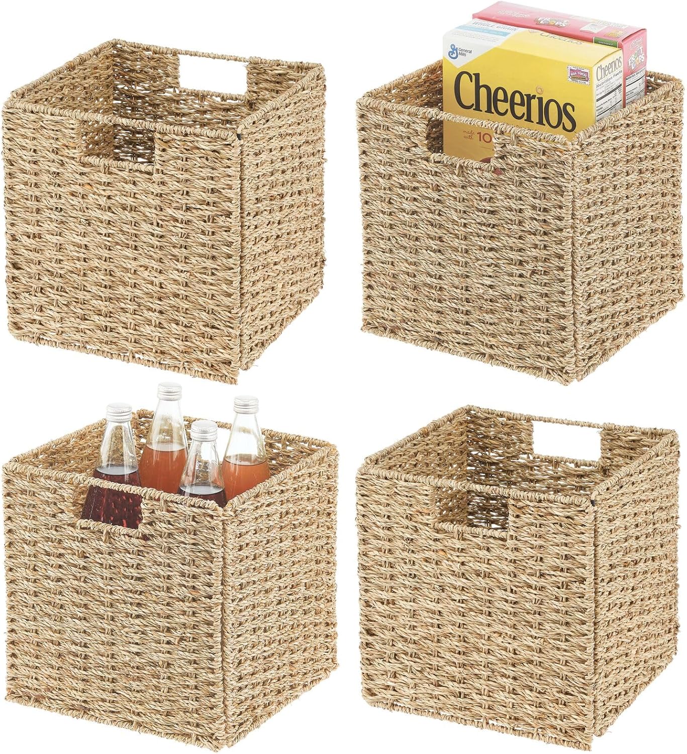 mDesign Seagrass Woven Cube Basket Organizer with Handles - Storage for Kitchen Cabinet or Pantry Shelf - Perfect for Cubby Storage Units - Holds Snacks or Small Appliances - 4 Pack - Natural/Tan
