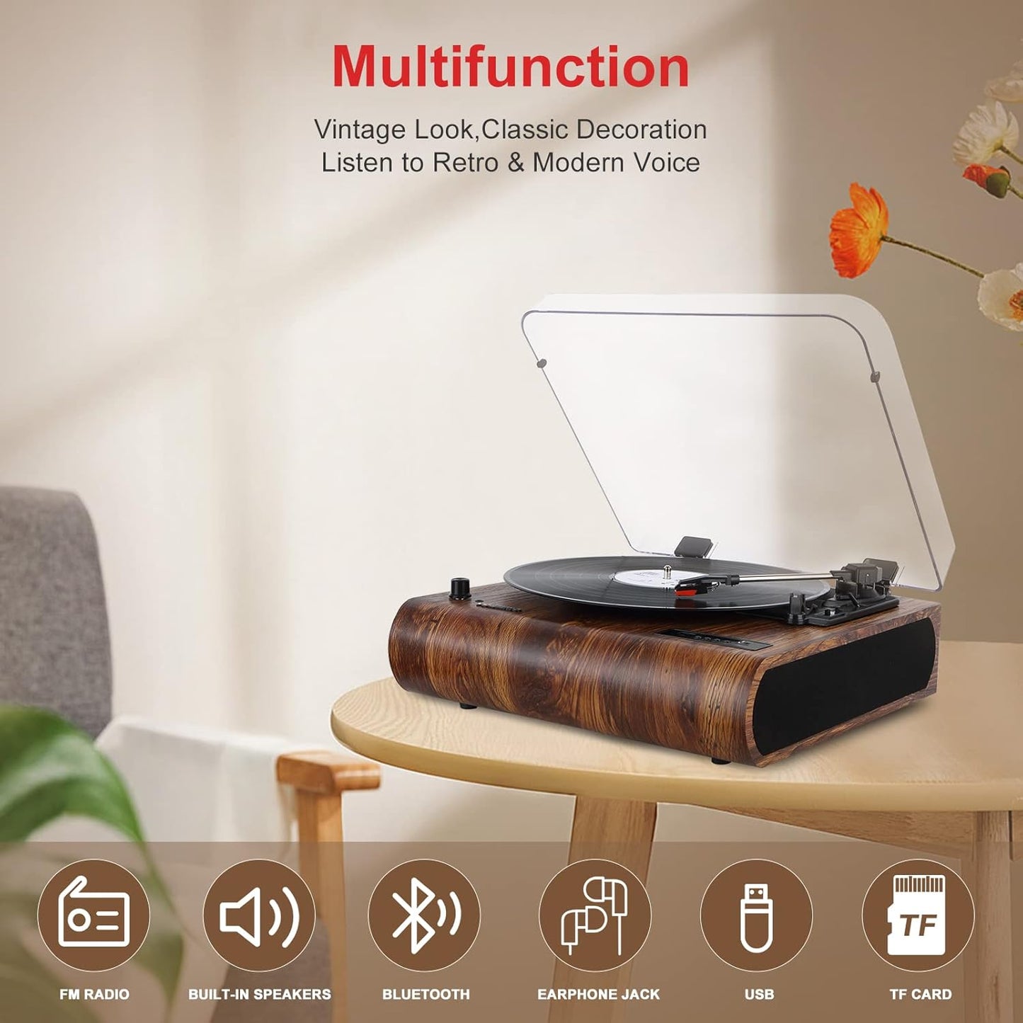 Bluetooth Turntable with Built-in Speakers, Retro Vinyl Player S1155