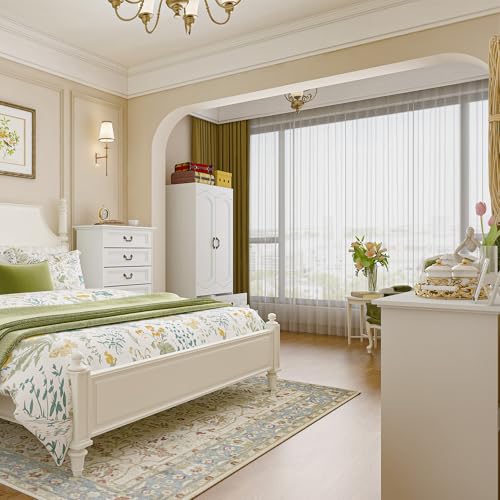 2 Door Wardrobe with 2 Drawer, White Vintage Armoire with Clothing Rod, 67" Tall Wooden Closet Cabinet for Bedroom Z7390
