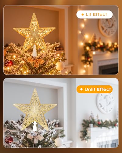 Christmas Star Tree Topper Lighted 3D Gold Pentagram Plug In Indoor Holiday Decor B983