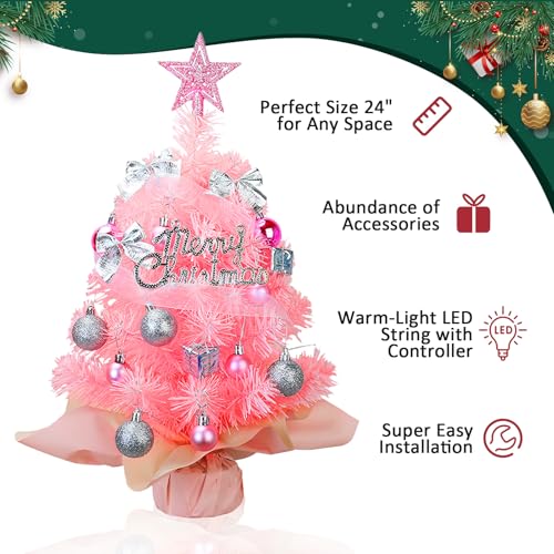 Mini Christmas Tree with 50 LED Lights 24 Inch Tabletop Prelit Artificial Tree J785647