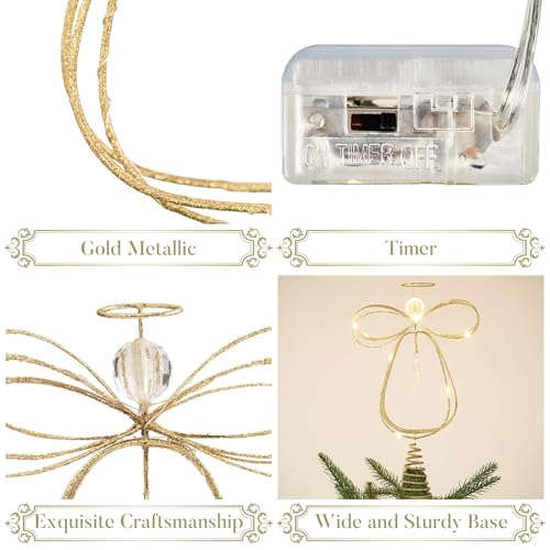 Lighted Christmas Tree Topper Angel with Timer, 10 Inch Pre-Lit Gold Metal I955