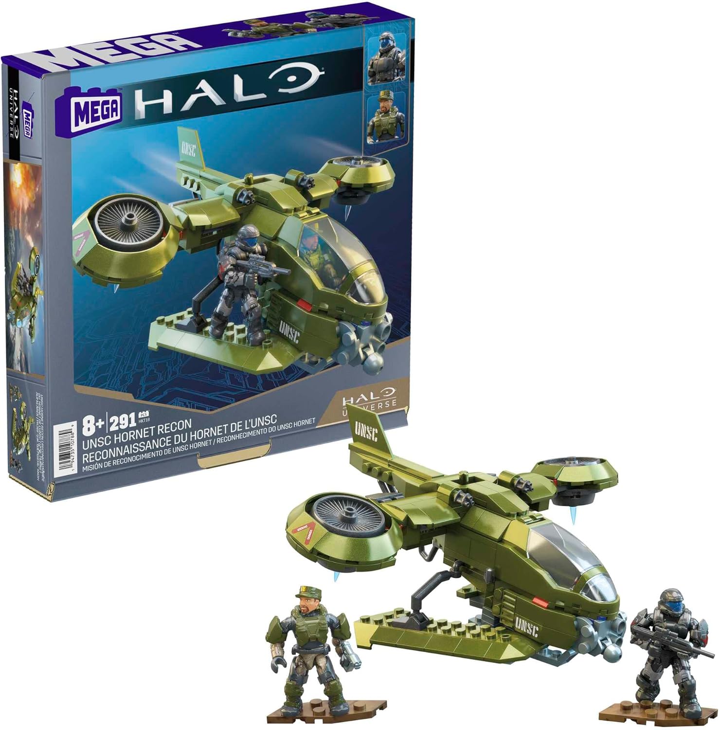 MEGA Halo Toys Vehicle Building Set for Kids, UNSC Hornet Recon Aircraft with 291 Pieces, 2 Micro Action Figures and Accessories, Gift Ideas