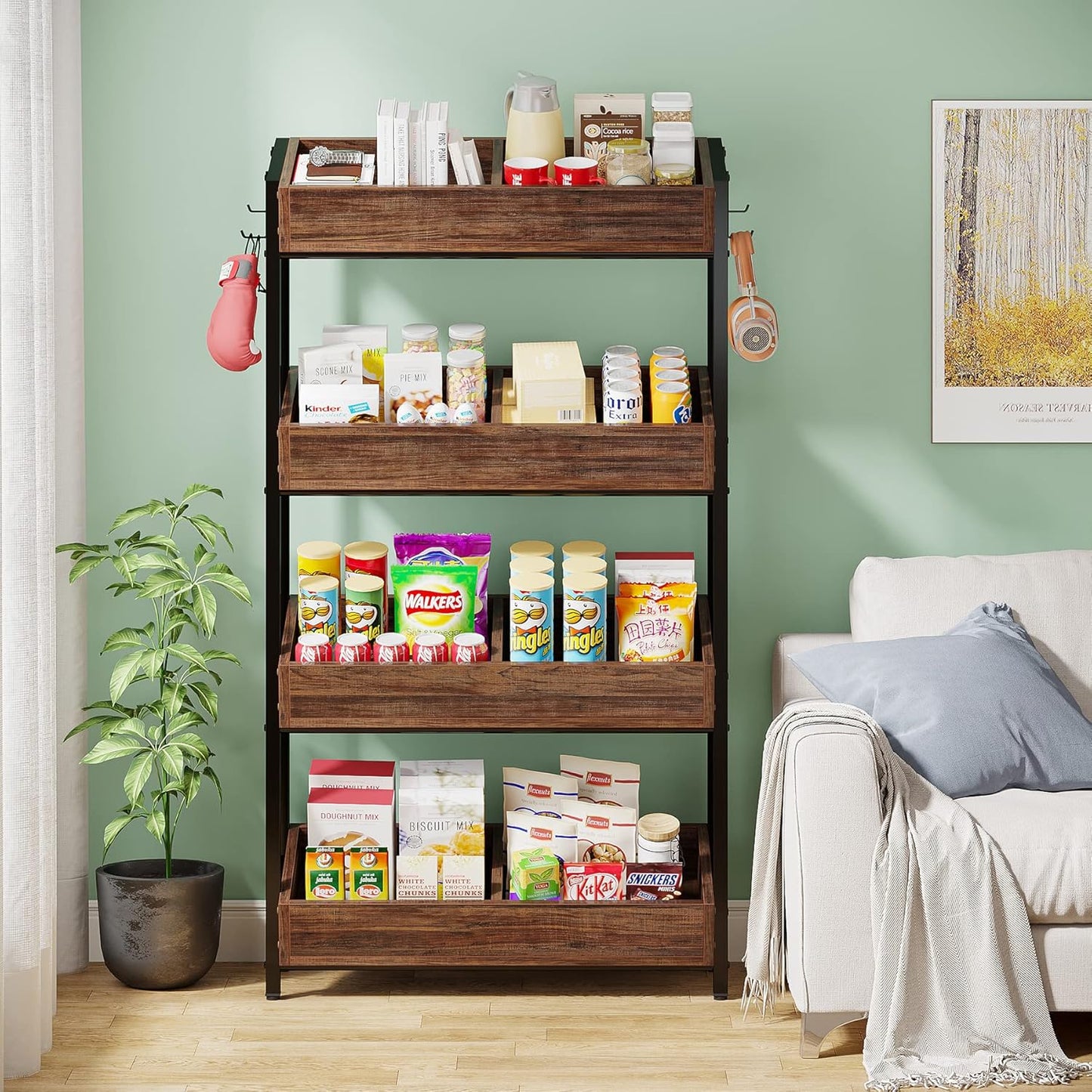 4-Tier Wood Fruit Vegetable Storage Basket Stand, Versatile Utility Shelf Rack E4294