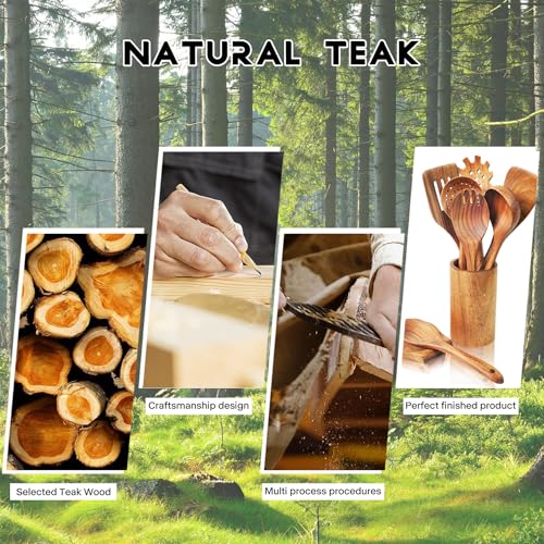Christmas Wooden Spoons for Cooking, 10 Pcs Natural Teak Kitchen Utensils Set S557967