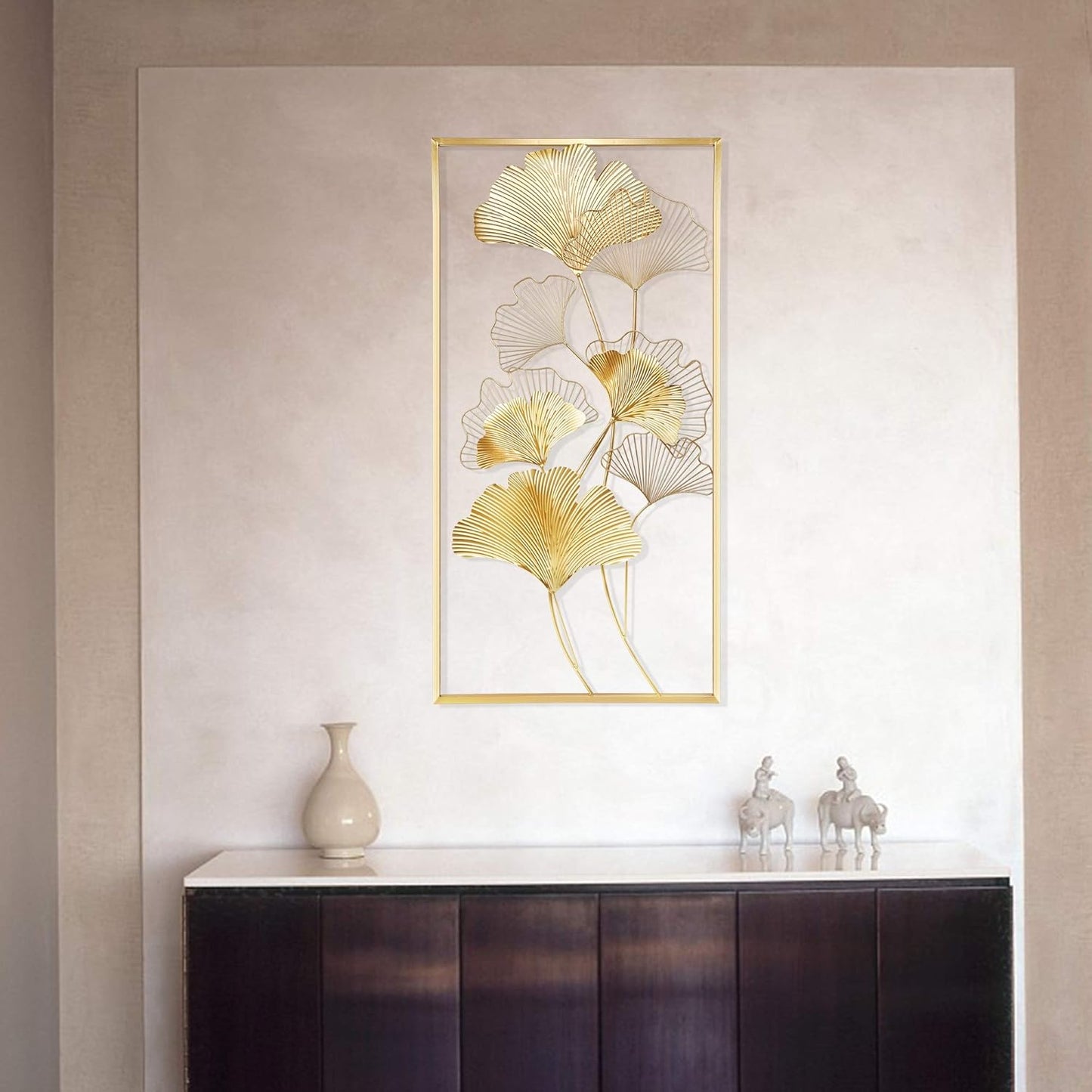 Metal Wall Decor, 39" x 20" Golden Ginkgo Leaf Wall Hanging with Frame K574798