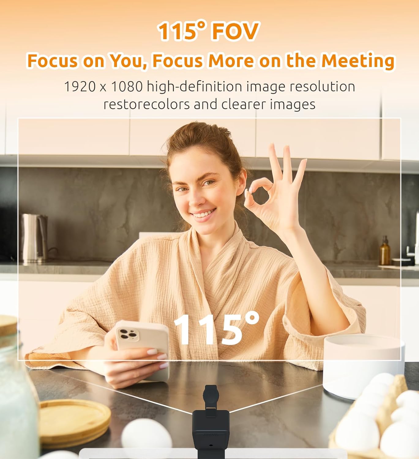 Webcam with Microphone, Stereo Audio, 115° View, USB Plug and Play A654