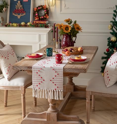 Christmas Table Runner 13 x 90 Inch Natural Cotton Woven with Tassels, Red and Beige U800