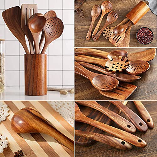 Christmas Wooden Spoons for Cooking, 10 Pcs Natural Teak Kitchen Utensils Set S557967