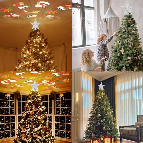 Silver 3D Glitter Christmas Tree Topper with LED Rotating Lights Q176