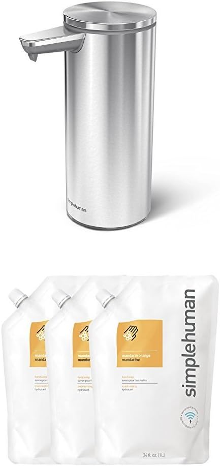 simplehuman 9 Oz. Sensor Soap Pump, Brushed Stainless Steel with 3 pack of Mandarin Gel Soap