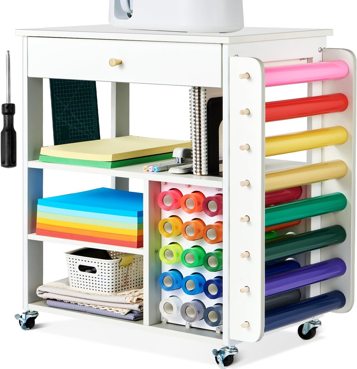 Rolling Cricut Craft Storage, Mobile Cricut Vinyl Organization Storage with 23 Vinyl Roll Holder, Craft Table Stand with Wheels, Crafting Cabinet Workstation with Large Drawers for Room Home Office