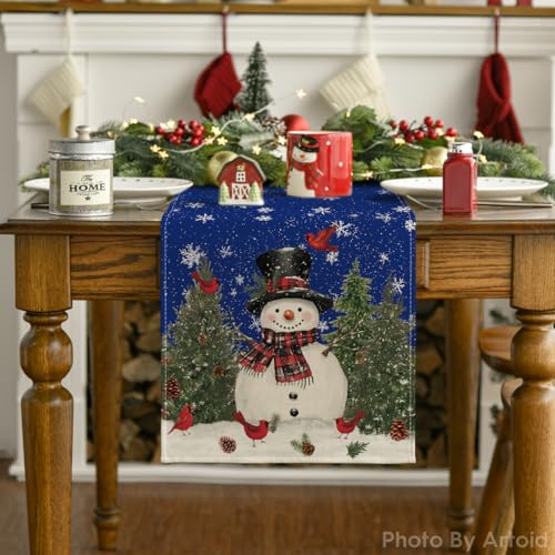 Snowman Christmas Birds Trees Table Runner, Winter Holiday Kitchen Dining Table Decoration, 13 x 72 Inch Z2031