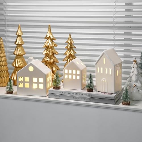 Ceramic Christmas Village Houses with LED Lights, 3 Pieces with Trees Y512