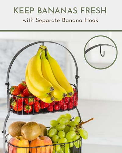 Fruit Basket for Kitchen Counter 3 Tier with Banana Hook and Bamboo Lid T780