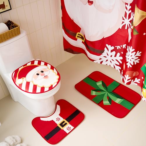 Christmas Bathroom Set with Shower Curtain, Bath Mat, Toilet Cover and Rug Y8183