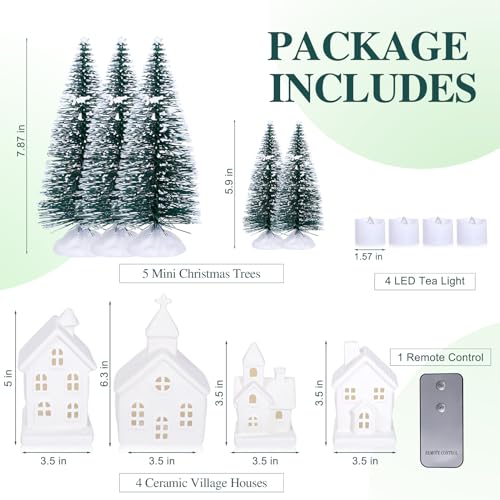 7PCS Christmas Village Sets - 3 LED Lighted Ceramic Houses with Remote & 4 Trees, Porcelain Miniature Decorations X236956