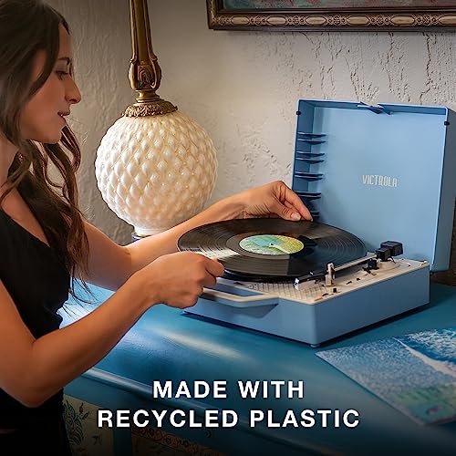 Suitcase Vinyl Record Player, 3-Speed Belt-Driven Bluetooth Turntable, Gray M488371