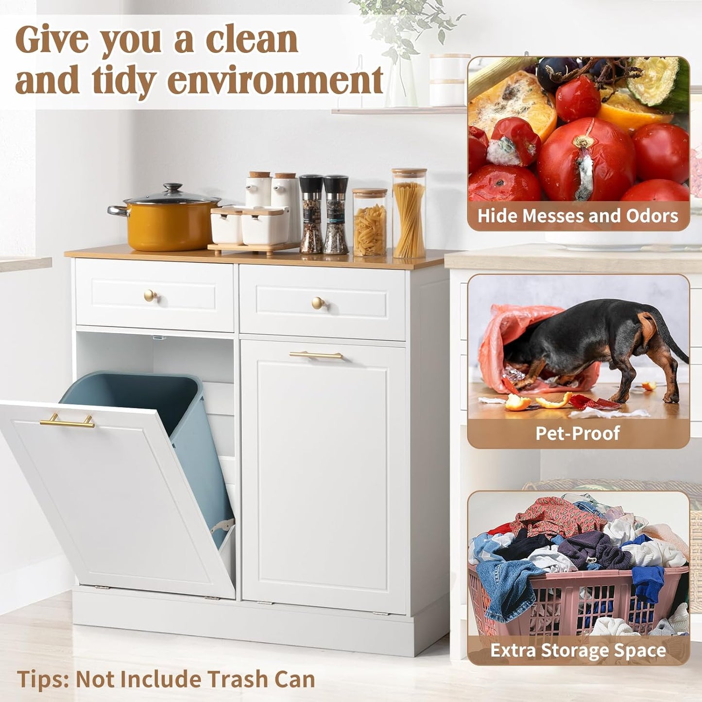 Tilt Out Trash Cabinet with Drawer and Laundry Hamper - White V614