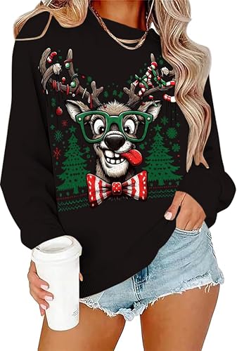 Funny Reindeer Graphic Sweatshirt Oversized Christmas Pullover J1348