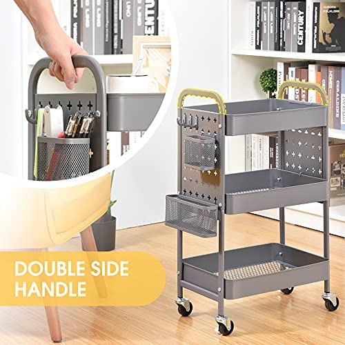 3-Tier Rolling Utility Cart with Pegboards and Baskets, Pink C496735