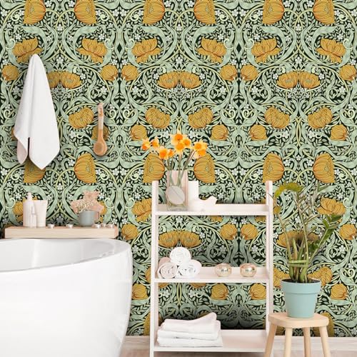 Peel and Stick Wallpaper, Vintage Floral Green Wall Mural, Removable Pre-Pasted Contact Paper for Bedroom O6980