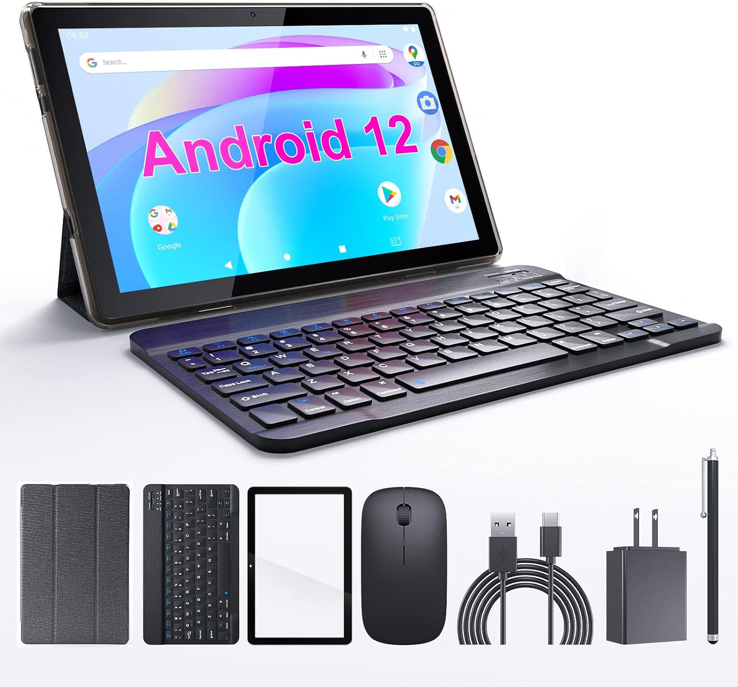 ATOZEE NV10 10.1 Inch Android 12 Tablet with Keyboard, 10 inch tablets include Mouse Stylus Tempered Film, 2GB RAM, 32GB ROM, 512GB Expandable Tablet, 8MP Dual Camera, WiFi BT, Google Tablet PC