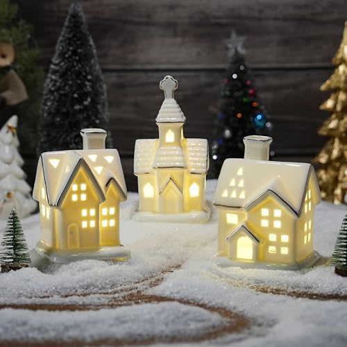 Ceramic Christmas Village Houses with LED Lights, 3 Pieces with Trees Y512