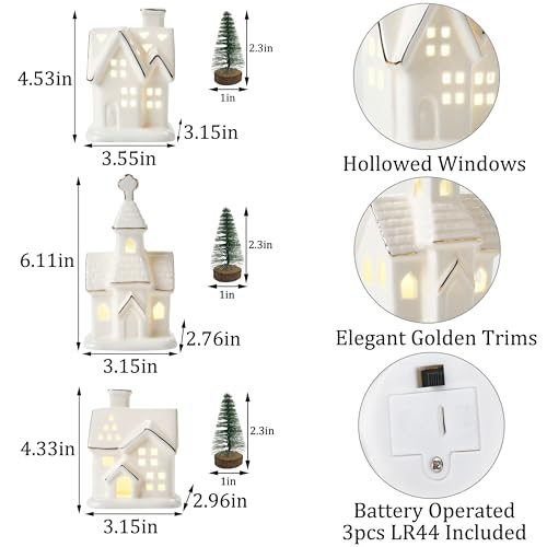 Ceramic Christmas Village Houses with LED Lights, 3 Pieces with Trees Y512