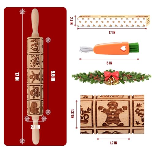Wooden Rolling Pin for Baking with Christmas Embossed Designs, Includes Cleaning Brush O863