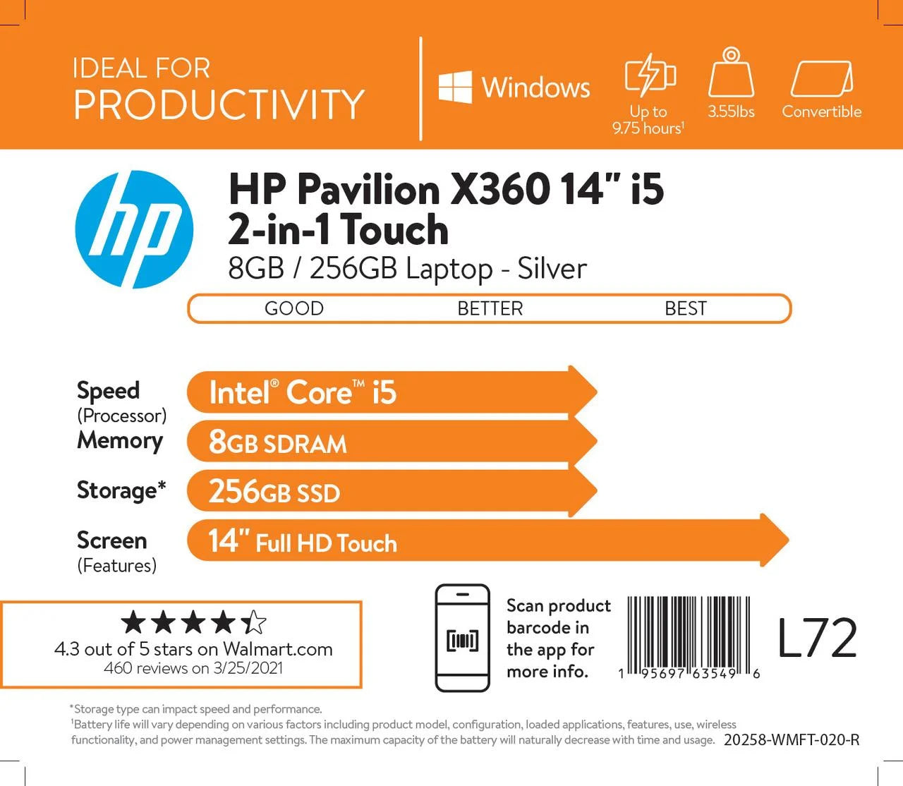 14" FHD Touch x360 Laptop, Intel Core i5, 8GB RAM, 256GB SSD, Silver R59255