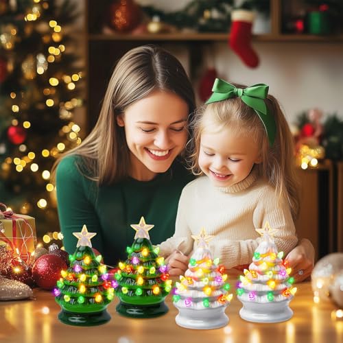 5 Inch Mini Ceramic Christmas Tree Set - 4 Pack Pre-lit Tabletop with Multicolored LED Lights H9498