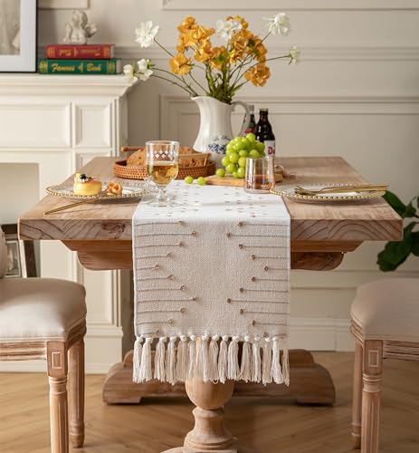 Christmas Table Runner 13 x 90 Inch Natural Cotton Woven with Tassels, Red and Beige U800