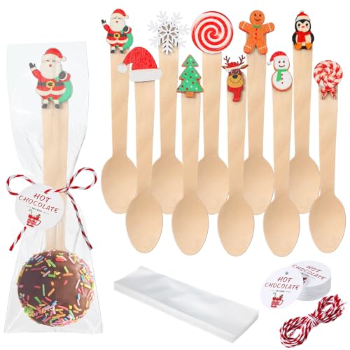 100 Set Christmas Wooden Spoons for Hot Cocoa, Chocolate, and Baking A7471