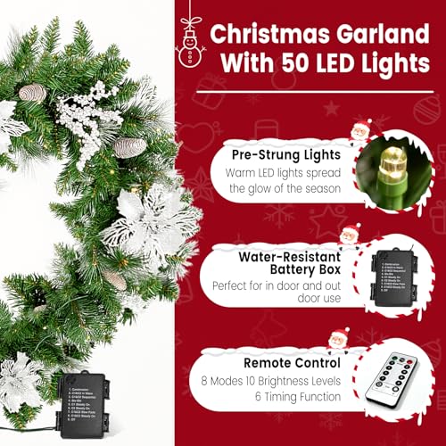 9ft Pre-Lit Christmas Garland with Pine Cones, Berries & Multicolor LED Lights B607