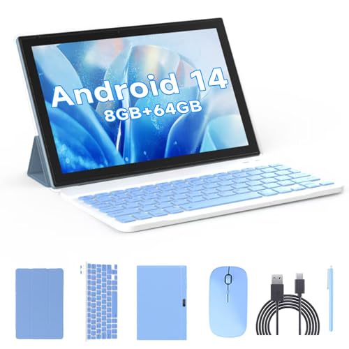 Tablet 10.1 inch Android 14 with Keyboard Case, Mouse, Stylus, 8GB+64GB, HD Touch Screen, Dual Camera, Wi-Fi, Blue W566112