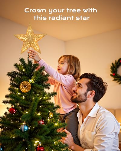 Christmas Star Tree Topper Lighted 3D Gold Pentagram Plug In Indoor Holiday Decor B983