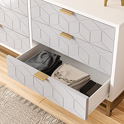 White 6 Drawer Dresser for Bedroom, Modern Wood Chest with Metal Legs J134