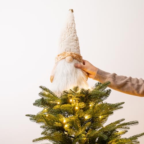 Lighted Christmas Tree Topper Gnome with Timer, 16.5 Inch, White and Gold, LED Lights M99012