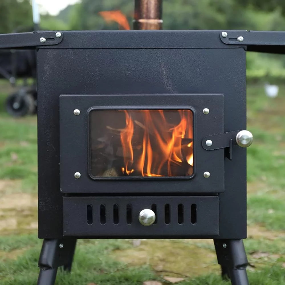 Camping Tent Stove with Window and Chimney Pipe, Portable Wood Burning Stove A67642