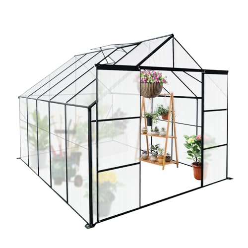 8x10FT Walk-in Greenhouse with Double Sliding Doors, Polycarbonate Panels, Aluminum Frame T7688