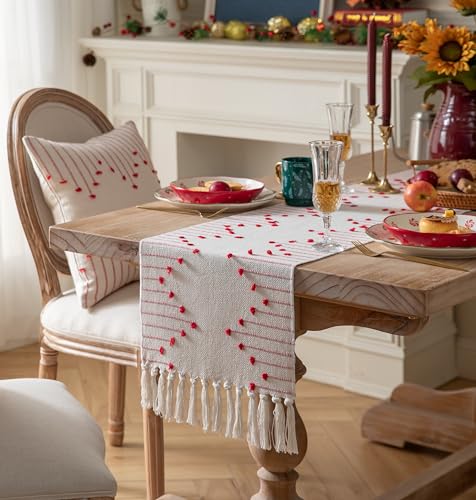 Christmas Table Runner 13 x 90 Inch Natural Cotton Woven with Tassels, Red and Beige U800