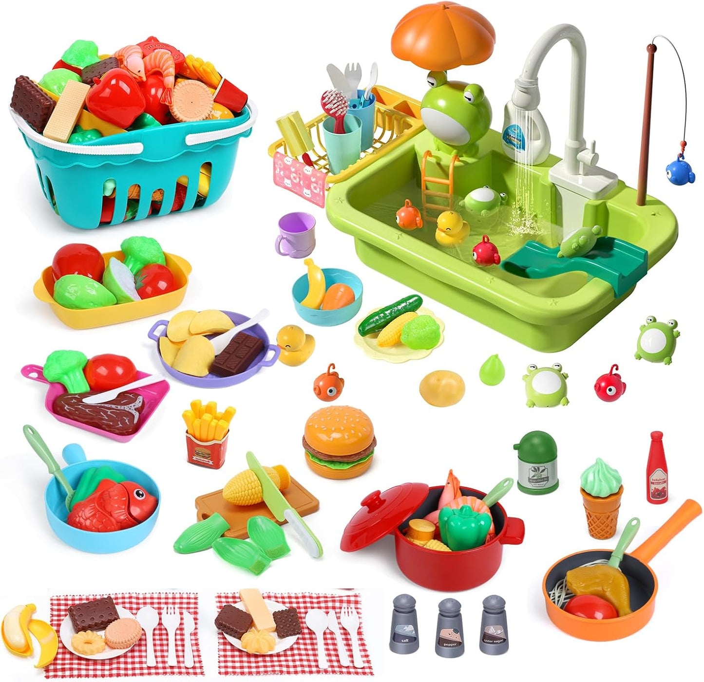CUTE STONE Play Sink with Running Water, Kitchen Sink Toys with Upgraded Electric Faucet, Kids Pots and Pans Set with Play Food and Storage Basket, Learning Kitchen Toy Gift for Girl Boy