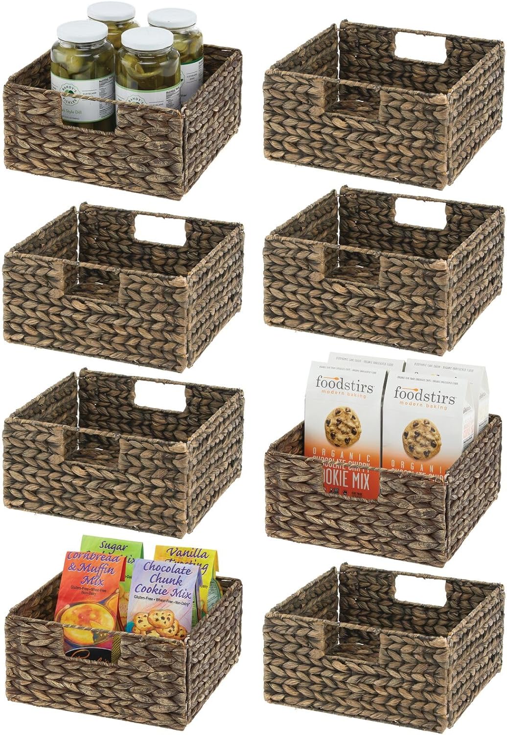mDesign Square Woven Hyacinth Bin Basket Organizer with Handles - Foldable Storage for Organizing Kitchen Pantry, Cabinet, Cupboard, Cube Shelves - Holds Food, Drinks, Snacks - 8 Pack - Brown Wash
