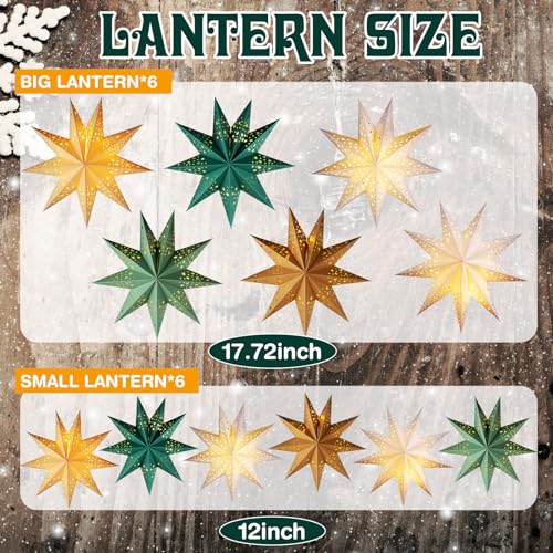 12 Pcs Christmas Paper Star Lantern 9 Point Hanging Ornament with String Light H44991