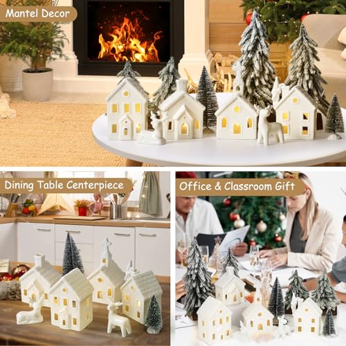 Christmas Village Set with 4 Lighted Ceramic Houses, 2 Trees, 2 Deer & Santa U967