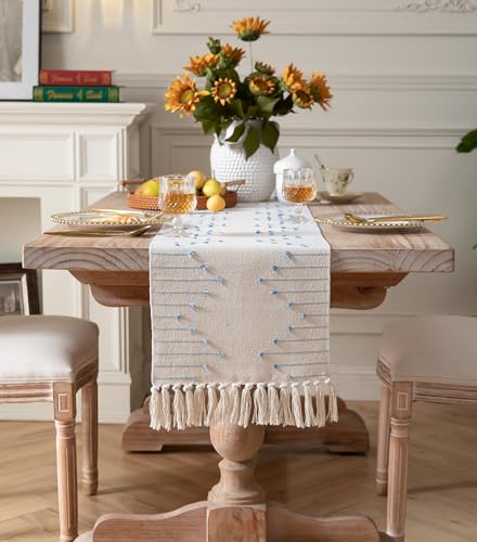 Christmas Table Runner 13 x 90 Inch Natural Cotton Woven with Tassels, Red and Beige U800